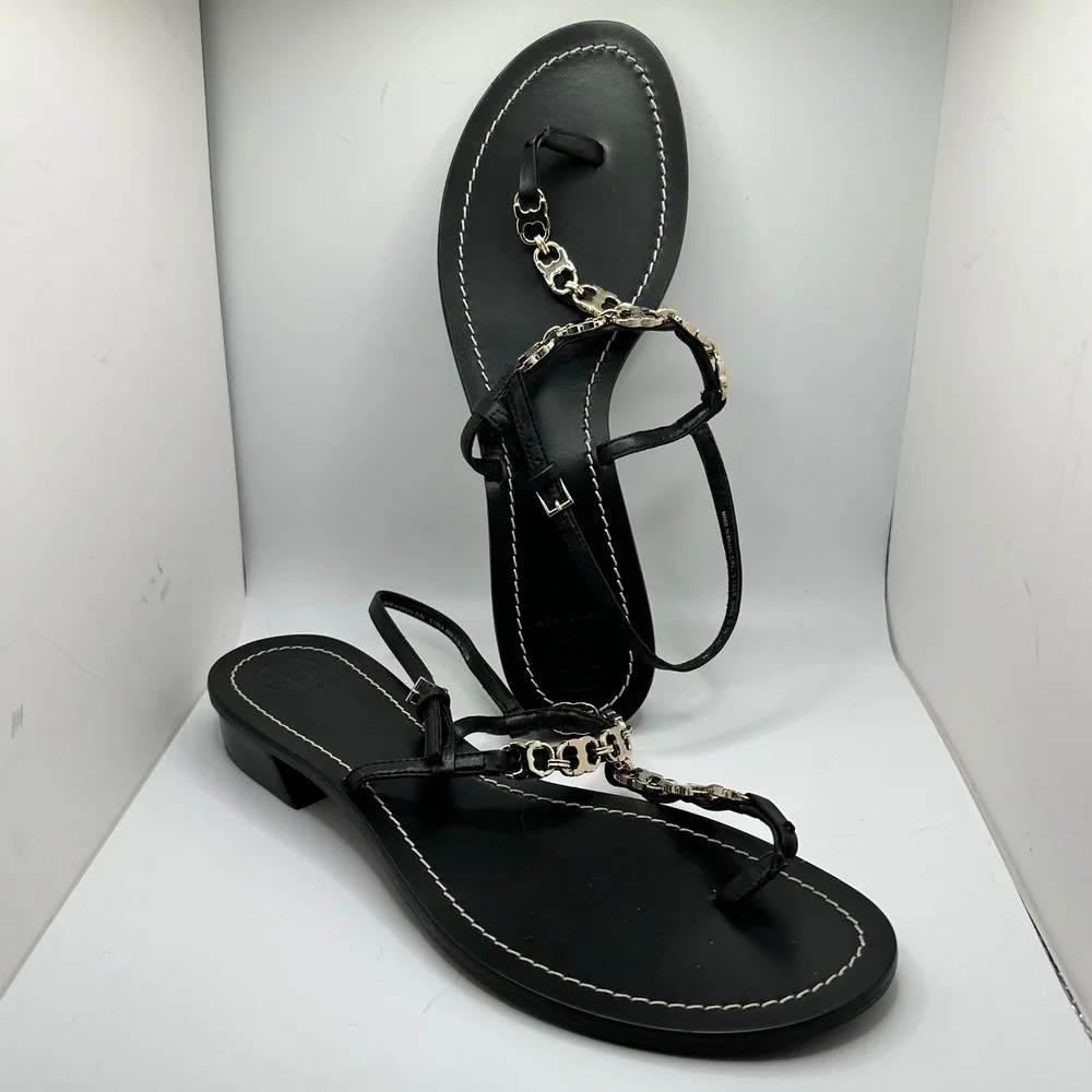 Tory‎ Burch Black Leather Gemini Chain Link Thong Sandals Gold Hardware Size 10M